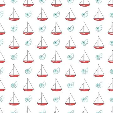 Summer nautical pattern with ships with sails and seashells on a white イラスト素材