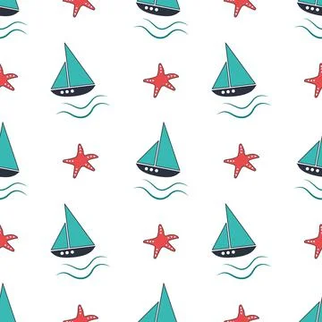 Summer nautical pattern with ships, waves and starfish on a white background. Illustrazione stock