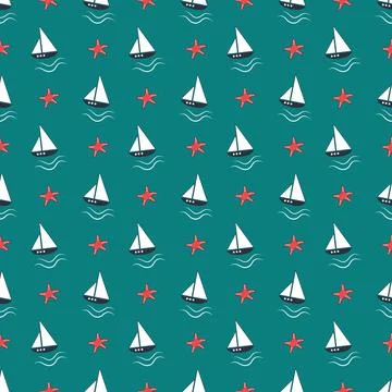 Summer nautical pattern with ships, waves and starfish on a blue background. Stock Illustration