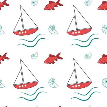 Summer nautical pattern with ships with white sails and seashells on a white Stock-Illustration