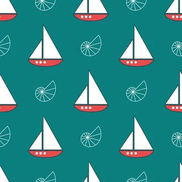 Summer nautical pattern with ships with white sails and seashells on a blue Stockillustratie