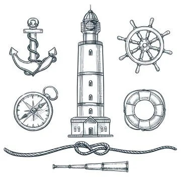 Summer nautical vintage icons set. Vector hand drawn sketch illustration. Sea Illustrazione stock