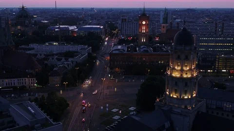 A summer night drone trip above Berlin center, Rotes Rathaus, aerial. Stock Footage