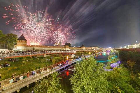 Summer night fireworks above the kremlin at end of day of the city in Tula Stock Photos