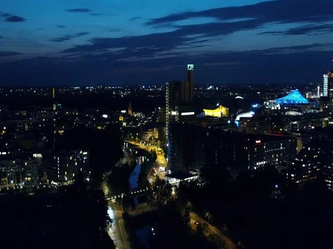 Summer night flight over the Moeckerbruecke and skyline with the drone, Berlin. Video stock 80267591