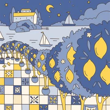 Summer night landscape with Potted Lemon trees, Italian tiles floor on the Stock Illustration