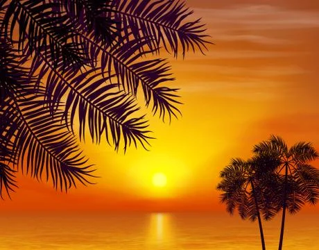 Summer night. Palm trees on the background of sunset. Vector illustration Illustrazione stock