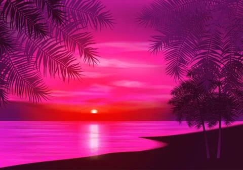 Summer night. Palm trees on the background of sunset. Vector illustration Stock Illustration