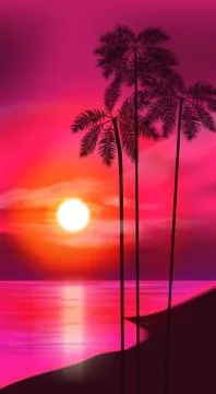 Summer night. Palm trees on the background of sunset. Vector illustration Illustrazione stock