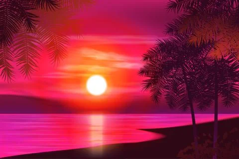Summer night. Palm trees on the background of sunset. Vector illustration Stock-Illustration