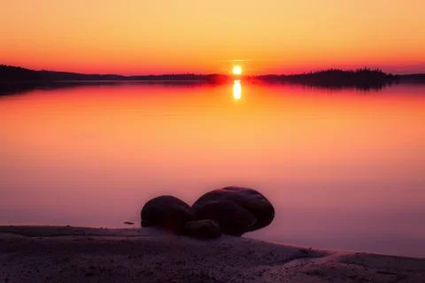 Summer night sunset view from Sotkamo, Finland. Stock Photos