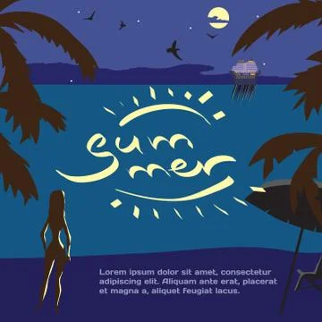 Summer night vacation concept background with space for text. Ve Stock Illustration