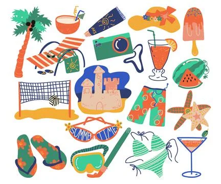 Summer Objects for Beach Resort and Vacation Activity Vector Set Stock Illustration