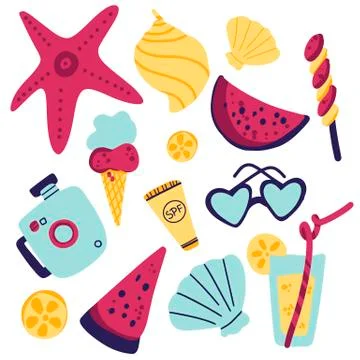 Summer Objects Icons Set, Equipment, Tool, Beach, Swimming, Sea, Vacations, H イラスト素材