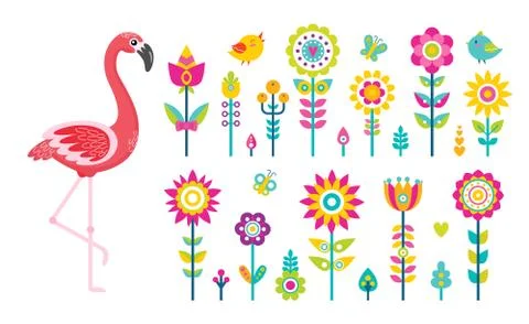 Summer Objects or Elements, Flamingo and Flowers Illustrazione stock