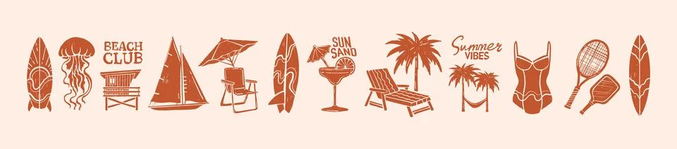 Summer ocean beach print, vector hand drawn sea coastal silhouette tropical イラスト素材