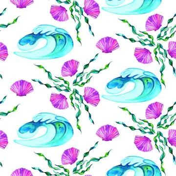 Summer ocean pattern with wave, shell and seaweeds. Underwater. Fashion print Stock Illustration