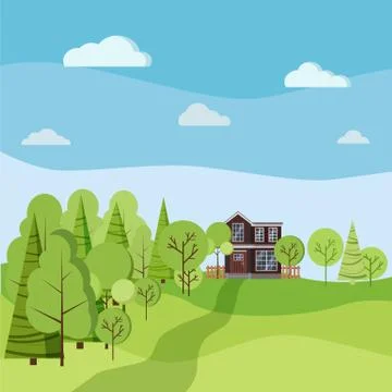 Summer or spring background landscape scene with country two-storied house wi Stock Illustration