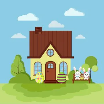 Summer or spring easter landscape nature scene with rural house with chimney. Illustrazione stock