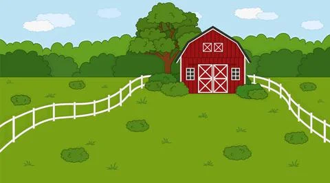 Summer or spring farm concept in countryside. Cartoon doodle vector cute Red  Ilustración de archivo