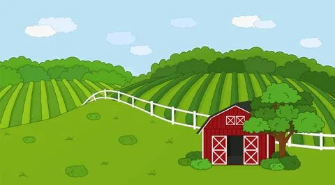 Summer or spring farm doodle concept in countryside. Cartoon vector cute Red  Ilustración de archivo
