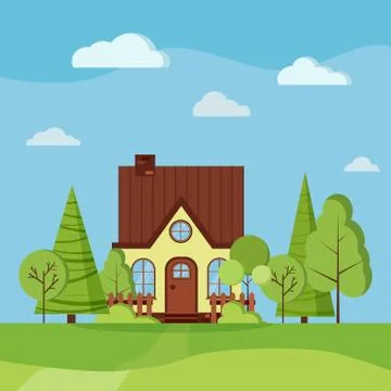 Summer or spring green landscape nature scene with yellow rural house with ch Stock Illustration
