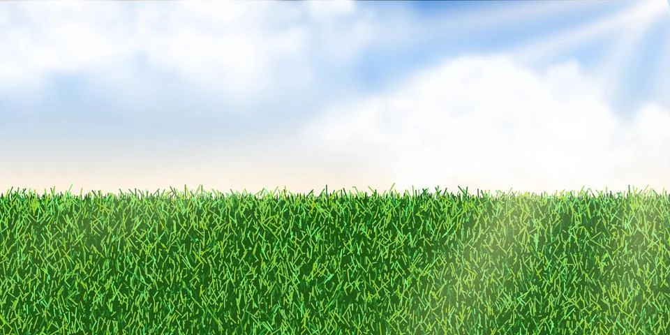 Summer or spring landscape background. Green grass meadow and blue sunshine s Stock Illustration