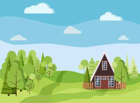 Summer or spring landscape with a-frame house with fences, green trees, spruc Stock Illustration