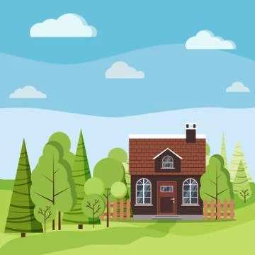 Summer or spring landscape nature scene with country house Stock Illustration