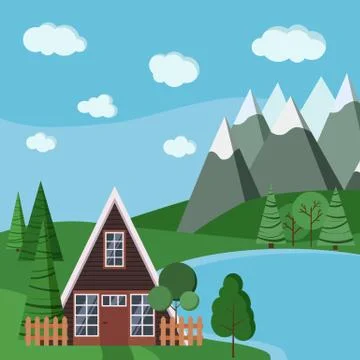 Summer or spring landscape scene with a-frame house with fences, green trees, Stock Illustration