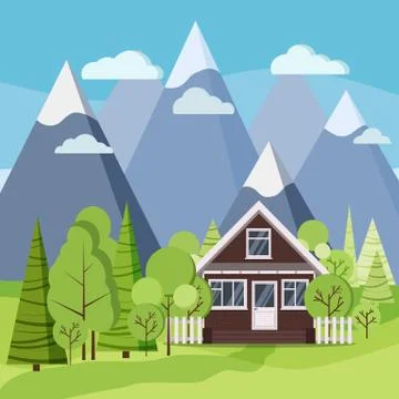 Summer or spring mountains landscape with brick farm house with fences, green Stock Illustration