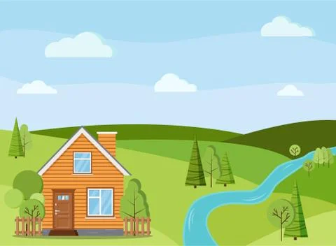 Summer or spring river landscape scene with rural country farm house with chi Stock Illustration