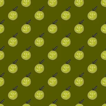 Summer organic fruit seamless pattern with simple apple shapes. Green olive b 스톡 일러스트
