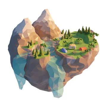 Summer outdoor activity concept. 3d low poly campsite, a tent. Stock Illustration