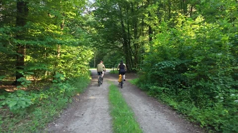 Summer outdoor activity two cyclists riding on gravel track Stock Footage 347528831