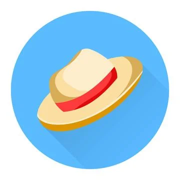 Summer panama hat icon with long shadow inside blue circle flat vector Stock Illustration