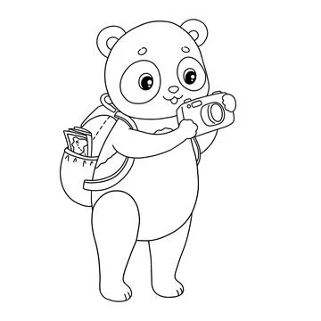 Summer panda with camera backpack coloring page Stock Illustration