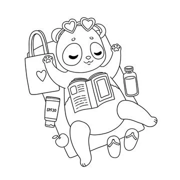Summer panda lying on the beach coloring page Stock Illustration