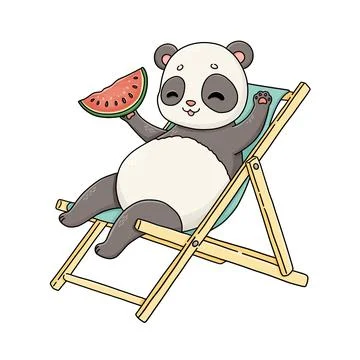 Summer panda lying on deck chair with watermelon Stock Illustration