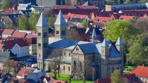 Summer panorama of Viborg, Midtjylland, Denmark. Aerial skyline view of the old  Stock Footage 318980639
