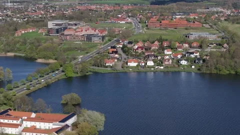 Summer panorama of Viborg, Midtjylland, Denmark. Aerial skyline view of the old  Stock Footage 318980663