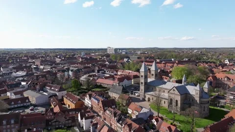 Summer panorama of Viborg, Midtjylland, Denmark. Aerial skyline view of the old  Stock Footage 318980665