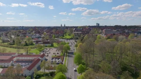 Summer panorama of Viborg, Midtjylland, Denmark. Aerial skyline view of the old  Stock Footage 318980778