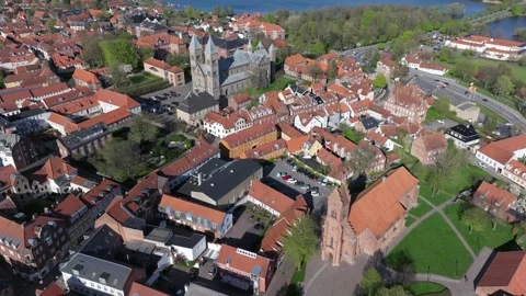 Summer panorama of Viborg, Midtjylland, Denmark. Aerial skyline view of the old  Stock Footage 319906506