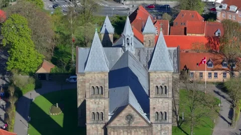 Summer panorama of Viborg, Midtjylland, Denmark. Aerial skyline view of the old  Stock Footage 319906537