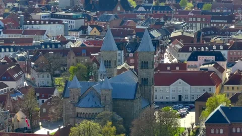 Summer panorama of Viborg, Midtjylland, Denmark. Aerial skyline view of the old  Stock Footage 319906550