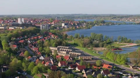 Summer panorama of Viborg, Midtjylland, Denmark. Aerial skyline view of the old  Stock Footage 319906577