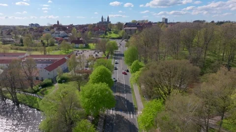 Summer panorama of Viborg, Midtjylland, Denmark. Aerial skyline view of the old  Stock Footage 319906618