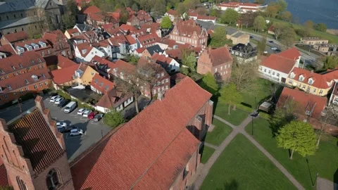 Summer panorama of Viborg, Midtjylland, Denmark. Aerial skyline view of the old  Stock Footage 320135829