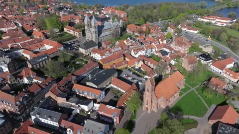 Summer panorama of Viborg, Midtjylland, Denmark. Aerial skyline view of the old  Stock Footage 320305130